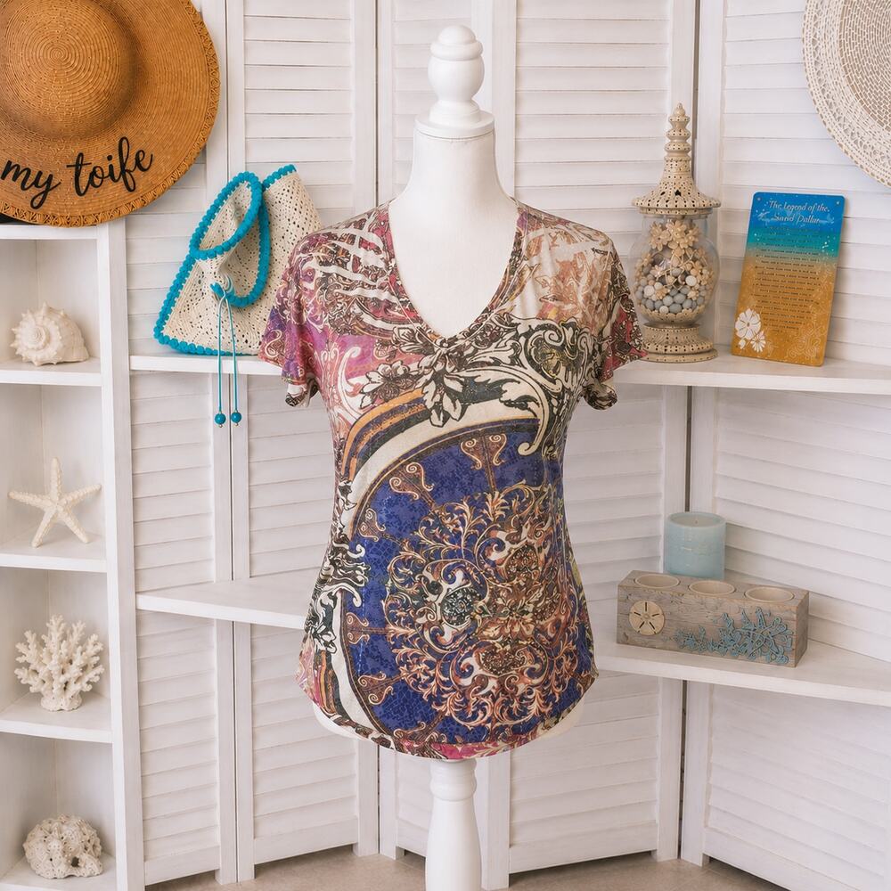 St Tropez West Paisley Tee Shirt L – Boho Hippie V-Neck Colorful Festival‎ Top